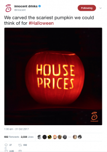 Innocent social media marketing halloween post – pumpkin carved with the words 'House prices"