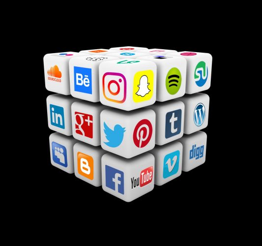 social media marketing icons arranged in a cube