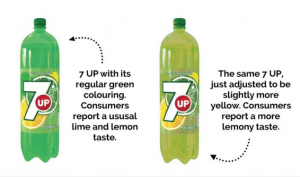 7 Up can taste more lemony if the packaging is yellowed with great design